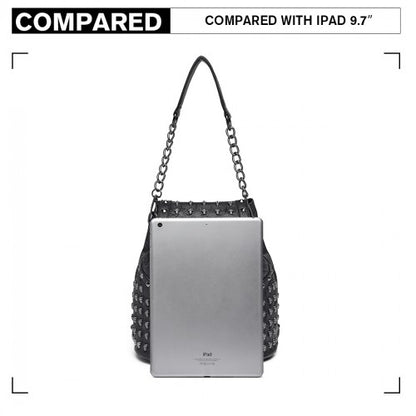 L1414 - Miss Lulu Skull Studded Backpack Shoulder Bag - Black