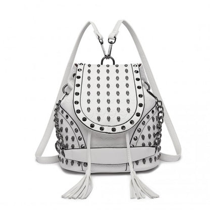 L1414 - Miss Lulu Skull Studded Backpack Shoulder Bag - Beige
