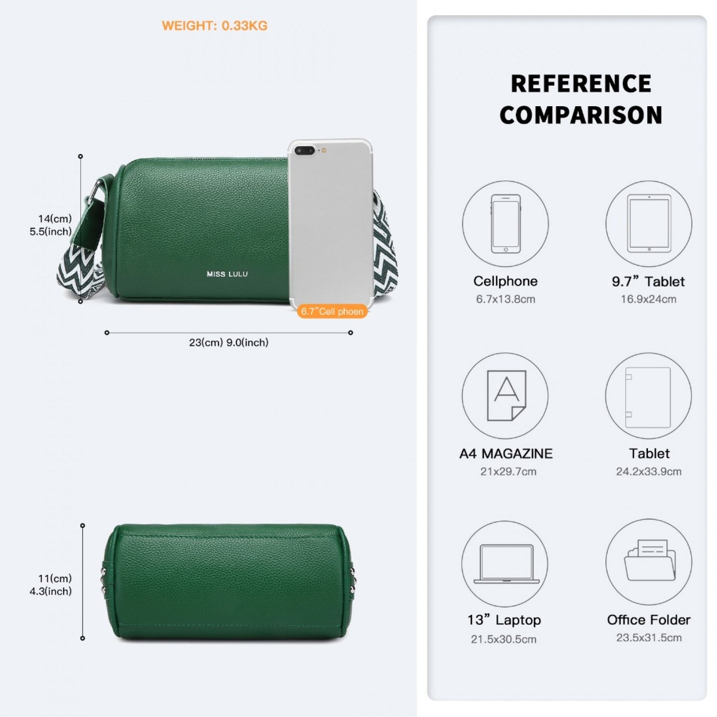 Miss Lulu L2309 green crossbody bag – rear view