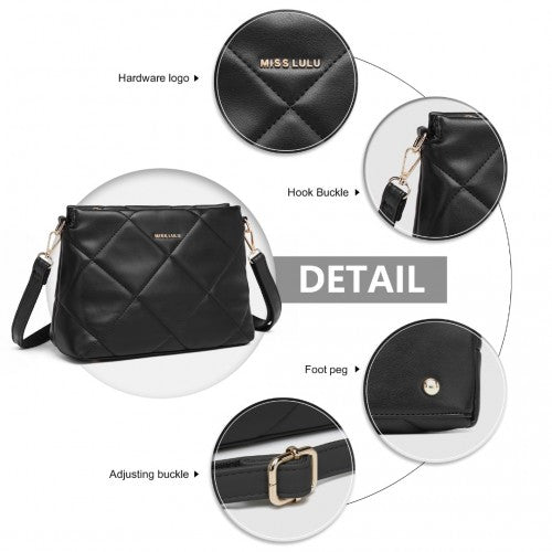 LB2237 - Miss Lulu PU Leather Rhombus Shoulder Bag - Black