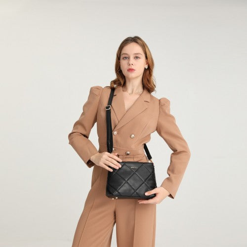 LB2237 - Miss Lulu PU Leather Rhombus Shoulder Bag - Black