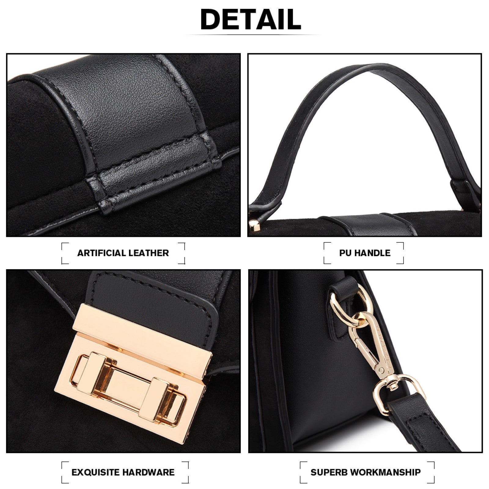 Miss Lulu LB6872 black handbag – detail view 5