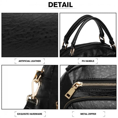 Close-up details of black PU leather texture, gold swivel clasp, and reinforced handle stitching