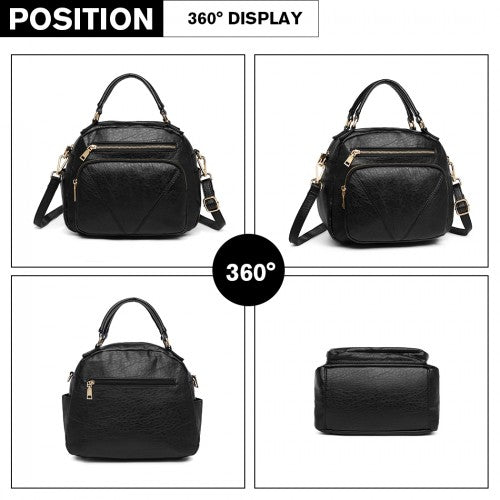 360-degree view of black bowler bag showing flat base, side profile, and rear panel design