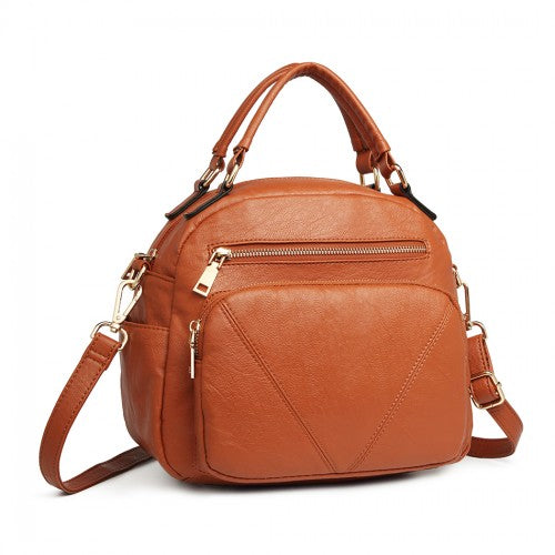 Brown bowler shoulder bag with arched handles, detachable strap, and V-shaped diagonal stitching detail