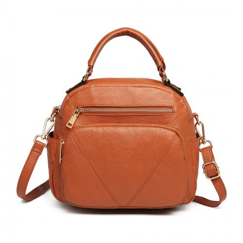 Symmetrical brown bowler style bag with dual top handles, front zipper compartment, and gold D-rings