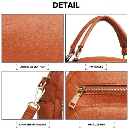 Close-up of brown PU leather grain, gold-tone clasp connector, and metal zipper pull on bowler bag