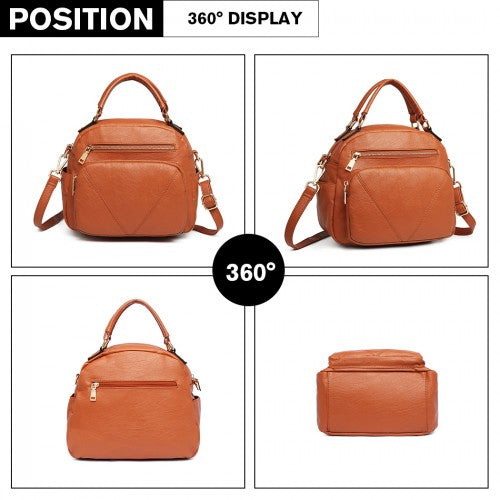 Brown Miss Lulu bowler shoulder bag with textured PU leather, gold-tone hardware, and diagonal stitching