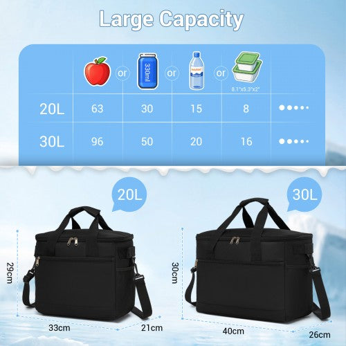 LBK2535L - Kono Large 30L Portable Lunch Bag with Enhanced Insulation–Compact & Convenient for Travel and Commuting - Black