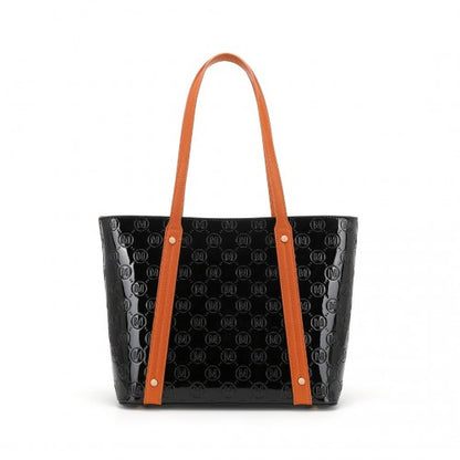 LD2217 - Miss Lulu 4 Pieces Glossy Leather Tote Bag Set - Black And Brown