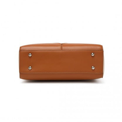 LG1641 - Miss Lulu Leather Look V-Shape Shoulder Handbag - Brown And Beige