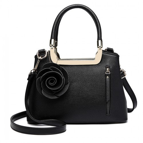 LG1847 - MISS LULU PU LEATHER ROSE HANGING ORNAMENT HANDBAG - Black