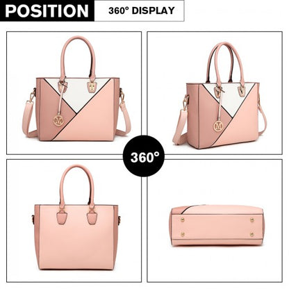 360 degree view of pink and white geometric shoulder bag showing back and bottom rivets
