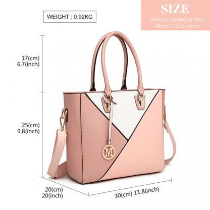 Technical diagram of pink Miss Lulu handbag dimensions and weight with geometric panels