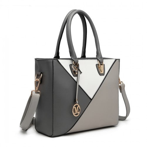 Dark gray and white structured Miss Lulu shoulder bag with diagonal color-block panels