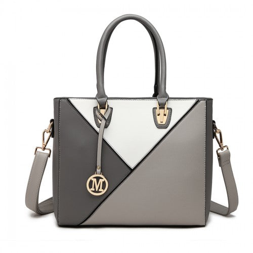 Front view of gray and white diagonal panel Miss Lulu shoulder bag with detachable strap