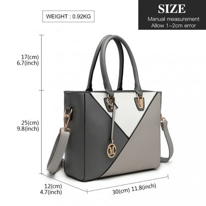 Gray and white tri-color panel Miss Lulu handbag with overlaid technical measurements