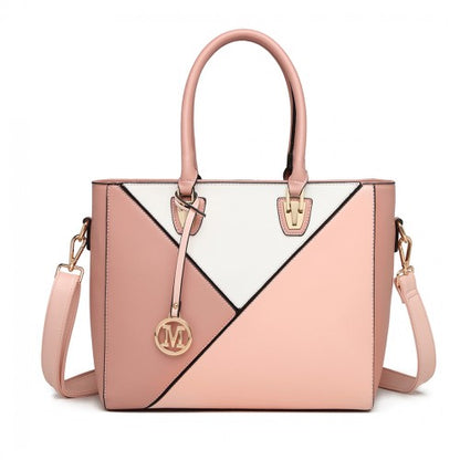 Pink and white geometric panel Miss Lulu handbag with rolled handles and gold M logo charm