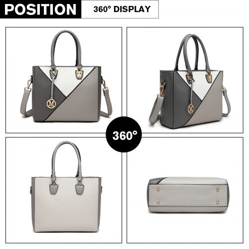Four-angle display of gray and white geometric Miss Lulu handbag with flat base and studs