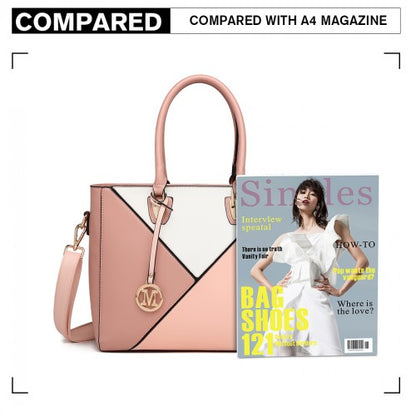 Pink Miss Lulu geometric handbag side-by-side with A4 magazine for scale reference