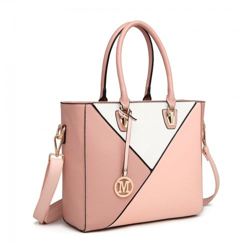 Pink synthetic leather Miss Lulu shoulder bag with triangular geometric panel design