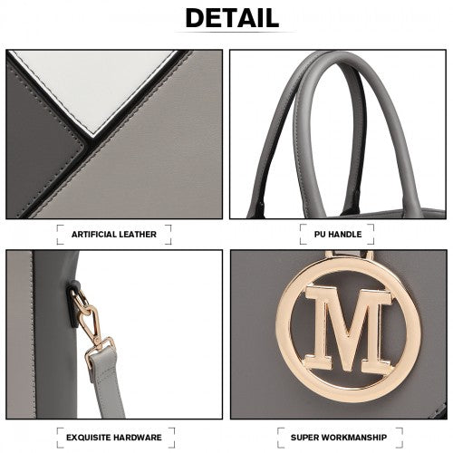 Detail shot of gray geometric handbag showing rolled PU handle and gold M monogram clasp
