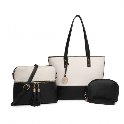 LG2023 - Miss Lulu Elegant 3-Piece Leather Look Tote Bag Set - Versatile & Chic for Every Occasion - Black And Beige