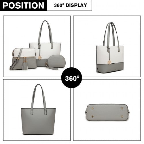 LG2023 - Miss Lulu Elegant 3-Piece Leather Look Tote Bag Set - Versatile & Chic for Every Occasion - Grey And White