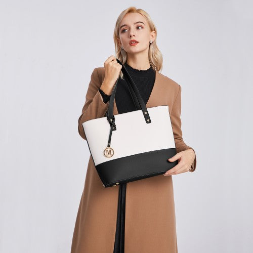 LG2023 - Miss Lulu Elegant 3-Piece Leather Look Tote Bag Set - Versatile & Chic for Every Occasion - Black And Beige