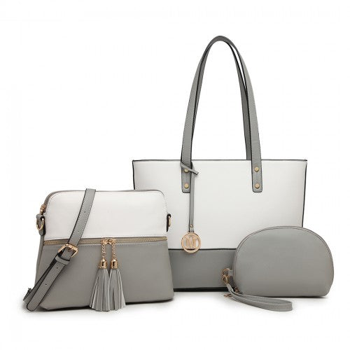 LG2023 - Miss Lulu Elegant 3-Piece Leather Look Tote Bag Set - Versatile & Chic for Every Occasion - Grey And White