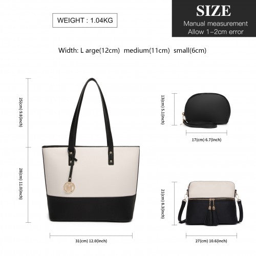 LG2023 - Miss Lulu Elegant 3-Piece Leather Look Tote Bag Set - Versatile & Chic for Every Occasion - Black And Beige