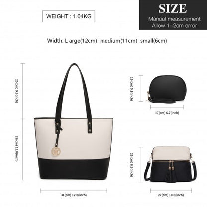 LG2023 - Miss Lulu Elegant 3-Piece Leather Look Tote Bag Set - Versatile & Chic for Every Occasion - Black And Beige