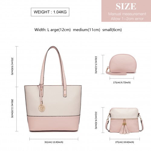LG2023 - Miss Lulu Elegant 3-Piece Leather Look Tote Bag Set - Versatile & Chic for Every Occasion - Pink And Beige