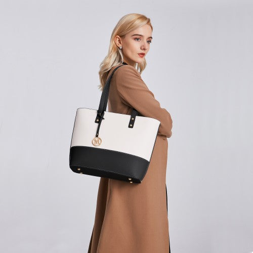 LG2023 - Miss Lulu Elegant 3-Piece Leather Look Tote Bag Set - Versatile & Chic for Every Occasion - Black And Beige
