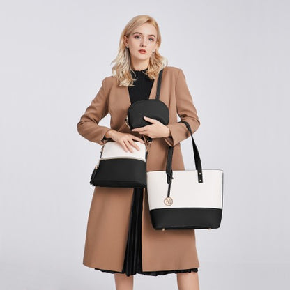LG2023 - Miss Lulu Elegant 3-Piece Leather Look Tote Bag Set - Versatile & Chic for Every Occasion - Black And Beige