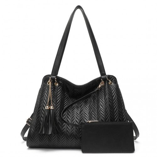 Easy Luggage LG2339 - Miss Lulu Chic Embossed Tote With Tassel Detail And Card Pouch - Black