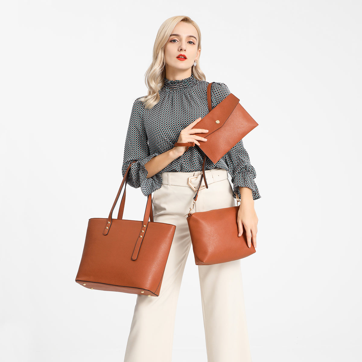 Miss Lulu LG6931 brown handbag set – front view