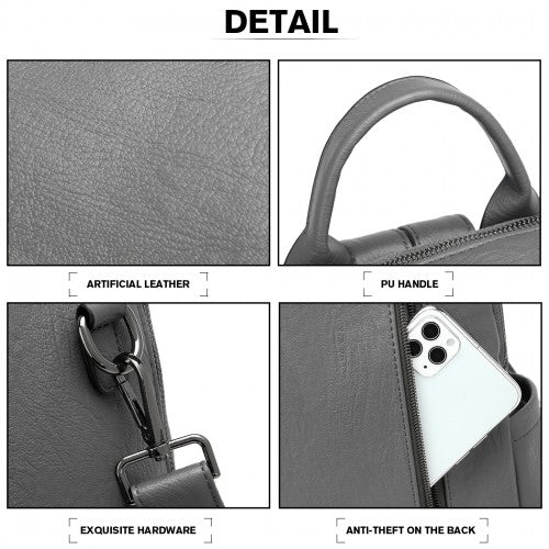 LH2012 - Miss Lulu Large Leather Look Backpack - Grey