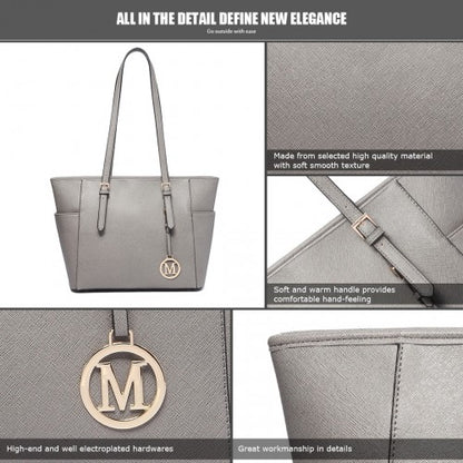 LM1642-1 - Miss Lulu Faux Leather Adjustable Handle Tote Bag - Grey