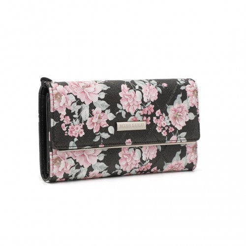 Easy Luggage LP2353F - Miss Lulu Ladies' Flower Printed PU Leather Long Purse - Black