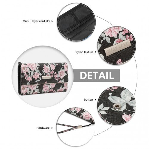 Easy Luggage LP2353F - Miss Lulu Ladies' Flower Printed PU Leather Long Purse - Black