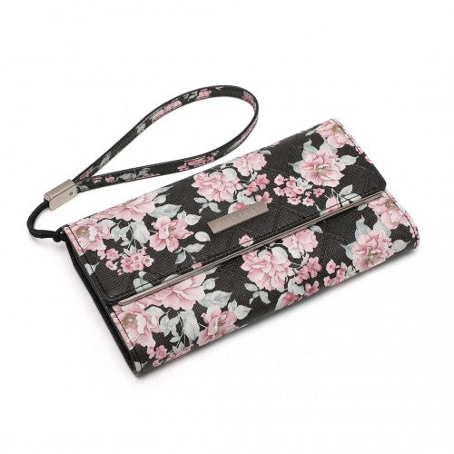 Easy Luggage LP2353F - Miss Lulu Ladies' Flower Printed PU Leather Long Purse - Black