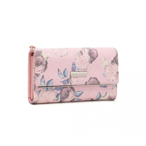 Easy Luggage LP2353F - Miss Lulu Ladies' Flower Printed PU Leather Long Purse - Pink