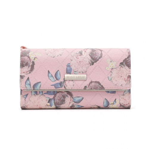Easy Luggage LP2353F - Miss Lulu Ladies' Flower Printed PU Leather Long Purse - Pink