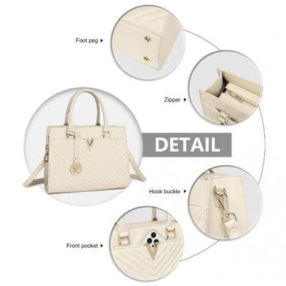 LT2357 - Miss Lulu Chic V-Quilted PU Leather Sophisticated Handbag - Beige