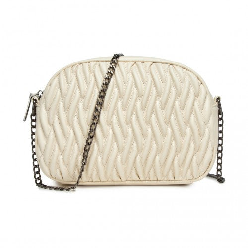 MSM2449 - Miss Lulu Practical Quilted Soft PU Leather Crossbody Shoulder Bag with Chain Strap - Beige