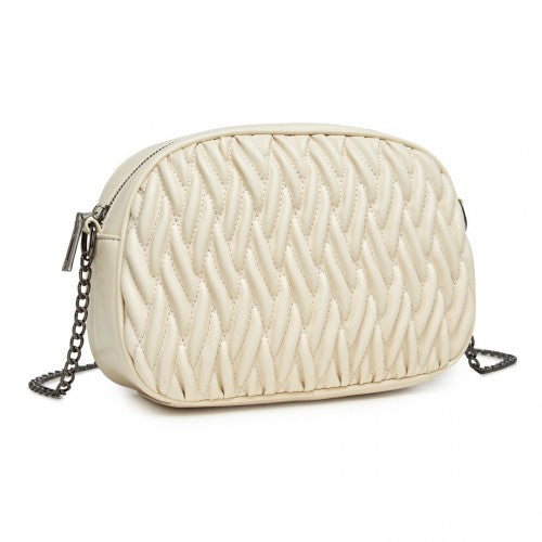 MSM2449 - Miss Lulu Practical Quilted Soft PU Leather Crossbody Shoulder Bag with Chain Strap - Beige