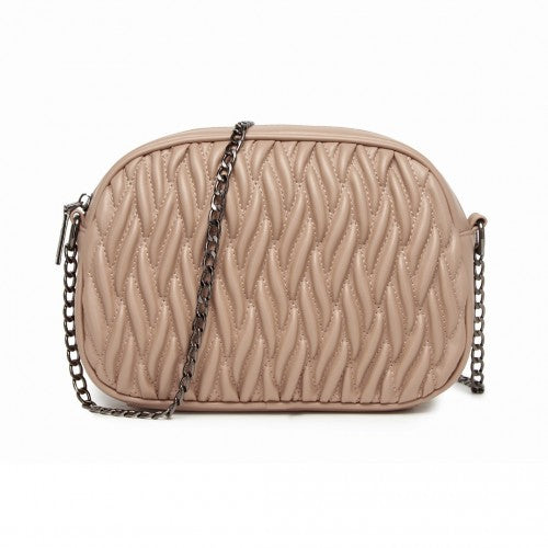 MSM2449 - Miss Lulu Practical Quilted Soft PU Leather Crossbody Shoulder Bag with Chain Strap - Khaki