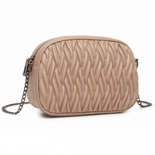 MSM2449 - Miss Lulu Practical Quilted Soft PU Leather Crossbody Shoulder Bag with Chain Strap - Khaki