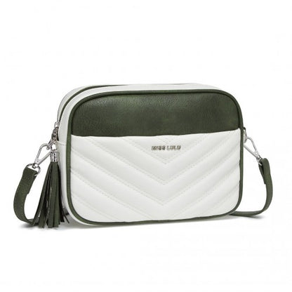 MSM2460 - Miss Lulu Minimalist V-Stitch PU Leather Crossbody Bag with Tassel Zip - White And Green